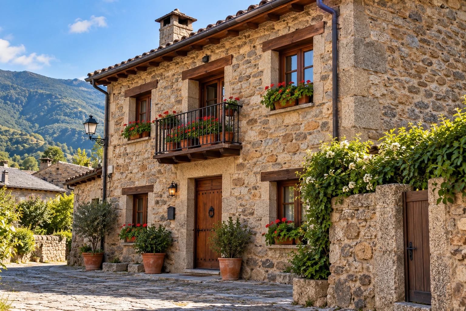Imagen ilustrativa original de una fachada de casa tradicional de piedra en un pueblo de montaña; inmueble ficticio